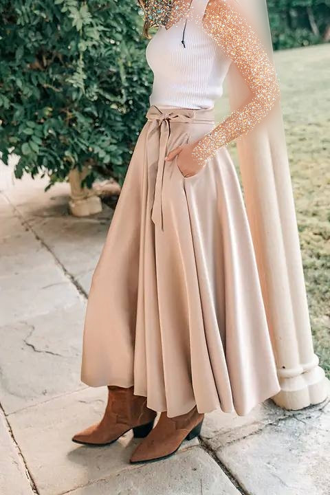 دامن زنانه مجلسی ساتن کمردار برند کاپشی کد۱۴۲۴