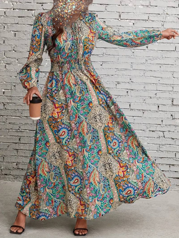 پیراهن زنانه ماکسی آستین بلند برند کاپشی کد ۱۵۷۵